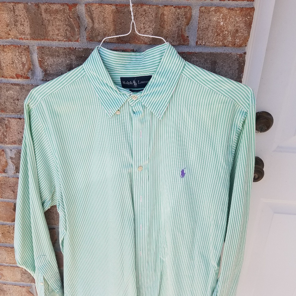 Polo button up green and white pinstripe